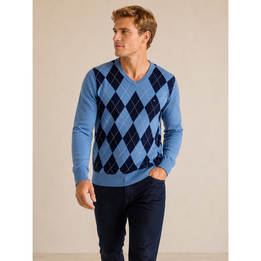 Tommy Hilfiger Argyle V Neck Sweater Men’s Medium Blue Preppy Knit